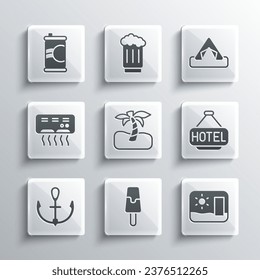 Set Ice cream, Travel postcard, Signboard with text Hotel, Tropical palm tree, Anchor, Air conditioner, Soda can and Tourist tent icon. Vector