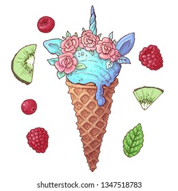 Set ice cream unicorn kiwi raspberry. Vector illustration. Hand drawing