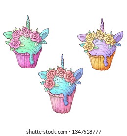 Set ice cream unicorn. Vector illustration Hand drawing