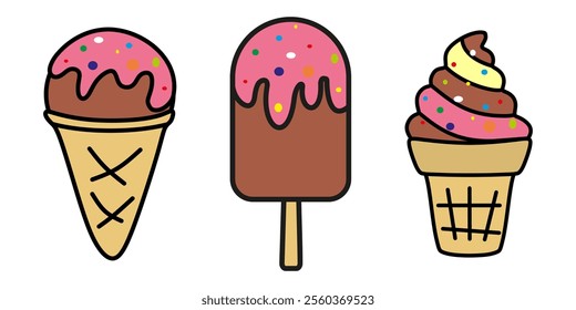 Set of ice cream vector icons. Colorful flat illustration of three types of ice cream: popsicle, cone and waffle cup