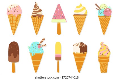 Set of Ice cream, vector illustration. Set of tasty ice creams. Sweet summer delicacy sundaes, gelatos with different tasties, collection isolated ice-cream cones and popsicle with different topping.