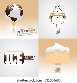 Set of ice cream vector logo, sign, symbol, emblem, illustration. Template graphic design element with snowman, ice cream as a planet, waffle