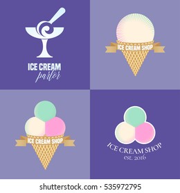 Set of ice cream vector logo, sign, icon illustration. Retro, vintage design element with round multi flavoured ice cream