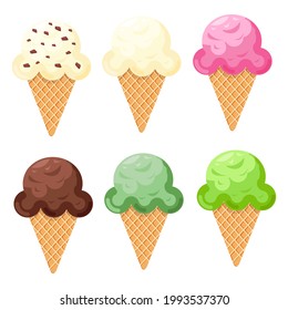 Set Ice cream. Vector picture. Ice cream cone icon. Colorful Ice cream. Vector illustration. Ice cream cone. Various flavors.