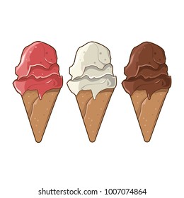 Set Of Ice Cream Vector | Variant Taste Strawberries, Vanilla, Chocolate Isolated On White