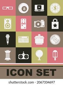 Set Ice cream, Vinyl disk, Paper shopping bag, Online play video, Domino, Stereo speaker, Cinema glasses and Photo camera icon. Vector