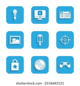 Set Ice cream, Vinyl disk, Gamepad, Target sport, Paper shopping bag, Postal stamp, Music synthesizer and Microphone icon. Vector