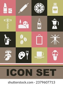 Set Ice cream, Vitruvian Man, Coffee moca pot, Pizza, Village landscape, Wine corkscrew, Lipstick and Bottle wine icon. Vector