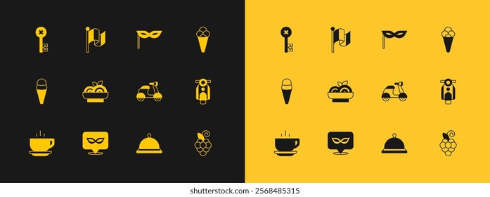 Set Ice cream in waffle, Carnival mask, Scooter, Covered with tray of food, Pasta spaghetti, Old key and Flag Italy icon. Vector