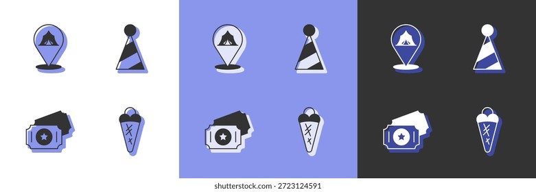 Set Ice cream in waffle, Circus tent, ticket and Party hat icon. Vector