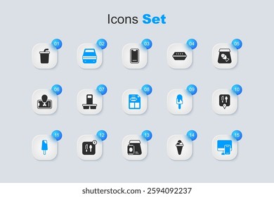 Set Ice cream in waffle, Coffee cup to go, Lunch box, Online ordering food, Cafe and restaurant location, Paper glass with water and Restaurant cafe menu icon. Vector