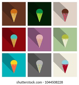 Set of Ice cream in waffle cone vector icon.