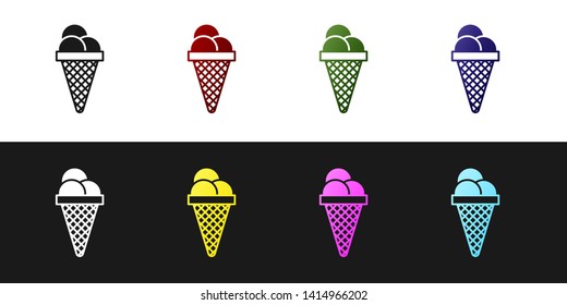 Set Ice cream in waffle cone icon isolated on black and white background. Sweet symbol. Vector Illustration