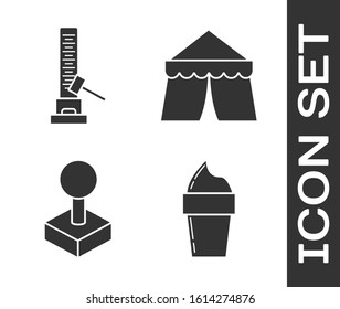 Set Ice cream in waffle cone, High striker attraction with big hammer, Joystick for arcade machine and Circus tent icon. Vector