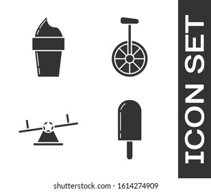 Set Ice cream, Ice cream in waffle cone, Seesaw and Unicycle or one wheel bicycle icon. Vector