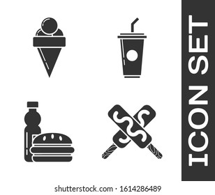 Set Ice cream, Ice cream in waffle cone, Bottle of water and burger and Paper glass with drinking straw and water icon. Vector