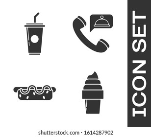 Set Ice cream in waffle cone, Paper glass with drinking straw and water, Hotdog sandwich with mustard and Food ordering icon. Vector
