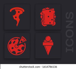 Set Ice cream in waffle cone, Slice of pizza, Sandwich and Pizza icon. Vector