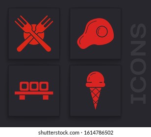 Set Ice cream in waffle cone, Crossed fork, Scrambled eggs and Sushi on cutting board icon. Vector