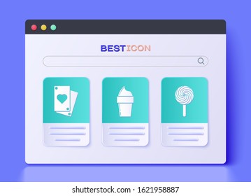 Set Ice cream in waffle cone, Playing card and Lollipop icon. Vector