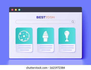 Set Ice cream in waffle cone, Pizza and Chicken leg icon. Vector