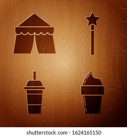 Set Ice cream in waffle cone, Circus tent, Paper glass with drinking straw and water and Magic wand on wooden background. Vector