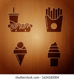Set Ice cream in waffle cone, Paper glass with drinking straw and hotdog, Ice cream in waffle cone and Potatoes french fries in carton package box on wooden background. Vector
