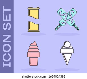 Set Ice cream in waffle cone, Soda can, Ice cream in waffle cone and Ice cream icon. Vector