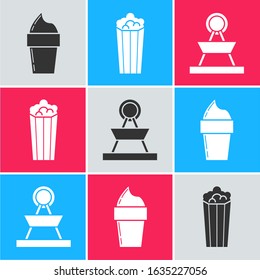 Set Ice cream in waffle cone, Popcorn in cardboard box and Attraction carousel icon. Vector