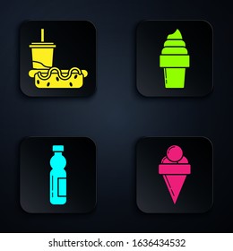 Set Ice cream in waffle cone, Paper glass with drinking straw and hotdog, Bottle of water and Ice cream in waffle cone. Black square button. Vector