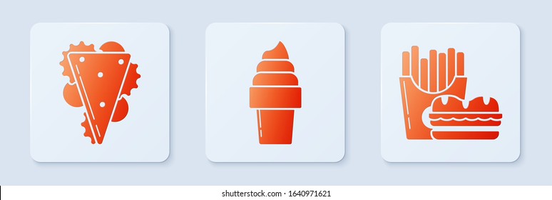 Set Ice cream in waffle cone, Sandwich and Burger and french fries in carton package box. White square button. Vector