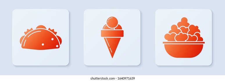 Set Ice cream in waffle cone, Taco with tortilla and Popcorn in bowl. White square button. Vector