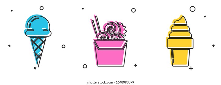 Set Ice cream in waffle cone, Asian noodles in paper box and chopsticks and Ice cream in waffle cone icon. Vector