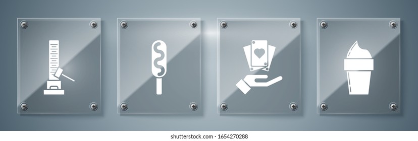 Set Ice cream in waffle cone, Hand holding playing cards, Corn dog and High striker attraction with big hammer. Square glass panels. Vector