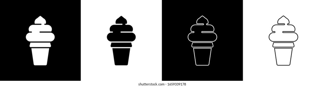 Set Ice cream in waffle cone icon isolated on black and white background. Sweet symbol.  Vector Illustration