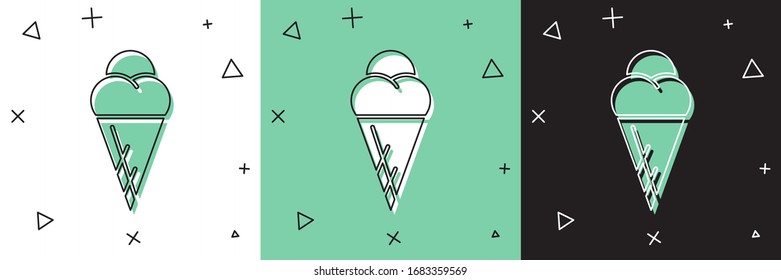 Set Ice cream in waffle cone icon isolated on white and green, black background. Sweet symbol.  Vector Illustration