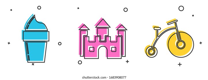 Set Ice cream in waffle cone, Castle and Vintage bicycle with one big wheel and one small icon. Vector