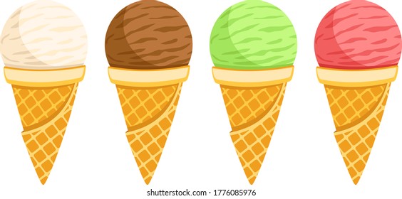 Set of ice cream in a waffle cone on a white background