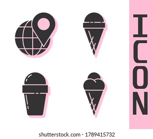 Set Ice cream in waffle cone, Location on the globe, Ice cream in waffle cone and Ice cream in waffle cone icon. Vector