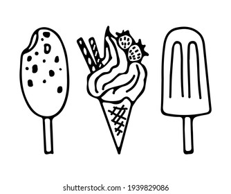 Set. Ice cream in a waffle cone with strawberries. And two popsicle ice cream on a stick. Drawn in doodle style with contour on a white background. Vector illustration.