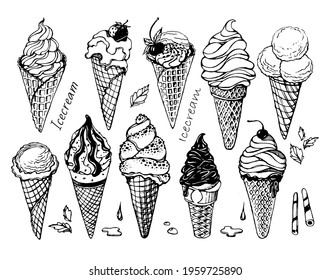 Set of ice cream in a waffle cone, with chocolate, jam, nuts, cherries, strawberries, mint. Vector image on transparent background, drawn by a pen