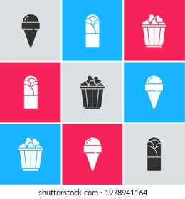 Set Ice cream in waffle cone, Doner kebab and Popcorn box icon. Vector