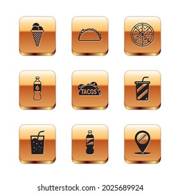 Set Ice cream in waffle cone, Glass with water, Bottle of, Taco tortilla, Pizza, Location hotdog and  icon. Vector