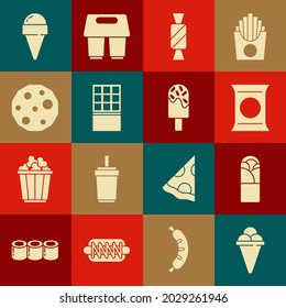 Set Ice cream in waffle cone, Doner kebab, Bag or packet potato chips, Candy, Chocolate bar, Cookie biscuit,  and  icon. Vector