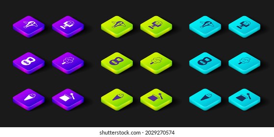 Set Ice cream in waffle cone, Magic hat and wand, Weight, Cotton candy, Attraction carousel and Hot air balloon icon. Vector