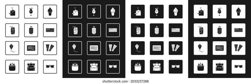 Set Ice cream in waffle cone, Suitcase, Cocktail and alcohol drink, Sand bucket with shovel, Travel ticket, Rubber flippers and Kite icon. Vector