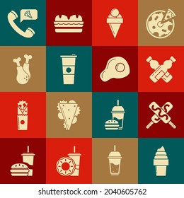 Set Ice cream in waffle cone, Crossed bottle of water, Paper glass and, Chicken leg, Food ordering pizza and Scrambled eggs icon. Vector