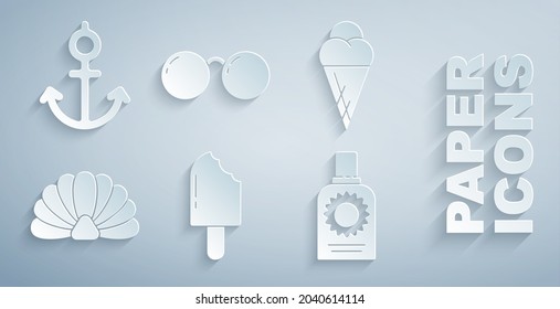 Set Ice cream, in waffle cone, Scallop sea shell, Sunscreen spray bottle, Glasses and Anchor icon. Vector