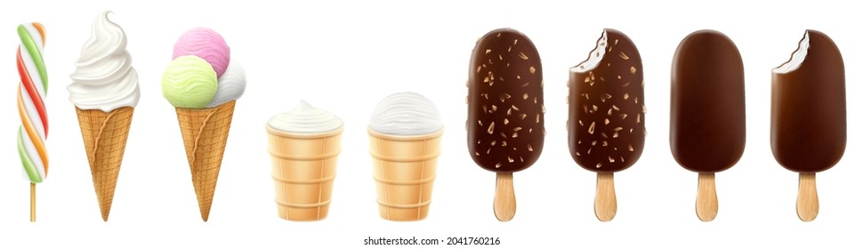 Set of ice cream in a waffle cone and popsicle,  frozen juice, ice lolly.  isolated on a white background. Realistic 3D vector