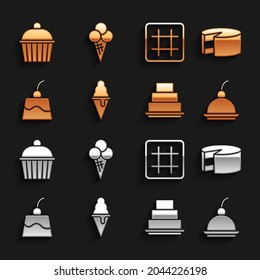 Set Ice cream in waffle cone, Cake, Cherry cheesecake, Pudding custard, Waffle,  and  icon. Vector